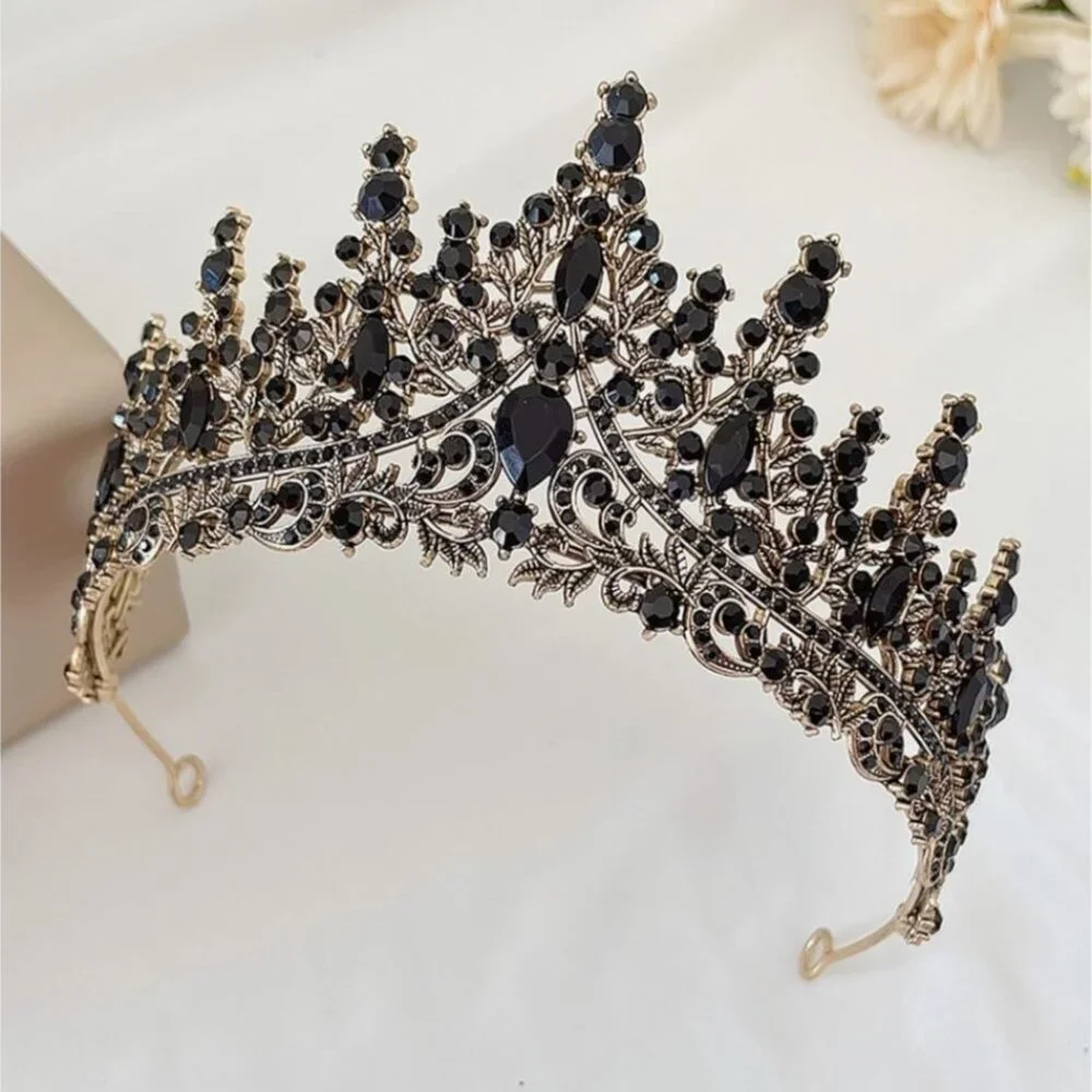 Black Crystal Crown, Gold Headband, Gothic Princess Tiara, Queen Hair Tiara